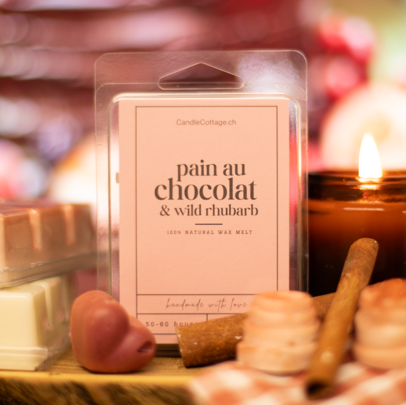 Pain au Chocolat & Wild Rhubarb wax melts with warm candle and cozy ambience.