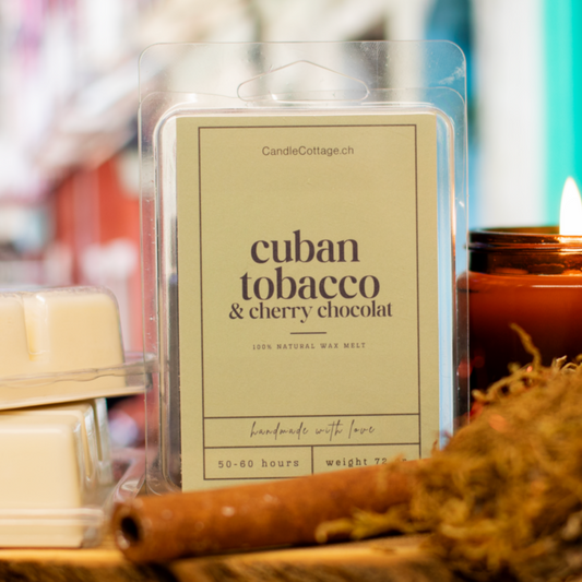 Cuban Tobacco & Cherry Chocolat wax melts with cinnamon and rustic décor setting.